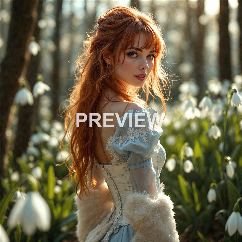 A young woman with long, wavy red hair wearing a vintage-style light blue dress with lace details, standing in a sunlit forest filled with white flowers, looking over her shoulder with a soft expression.